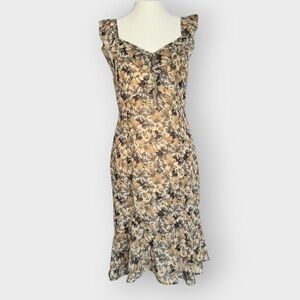 LOFT Floral Babydoll Midi‎ Dress Sweetheart Ruffle Sleeveless Brown Multi Size 2